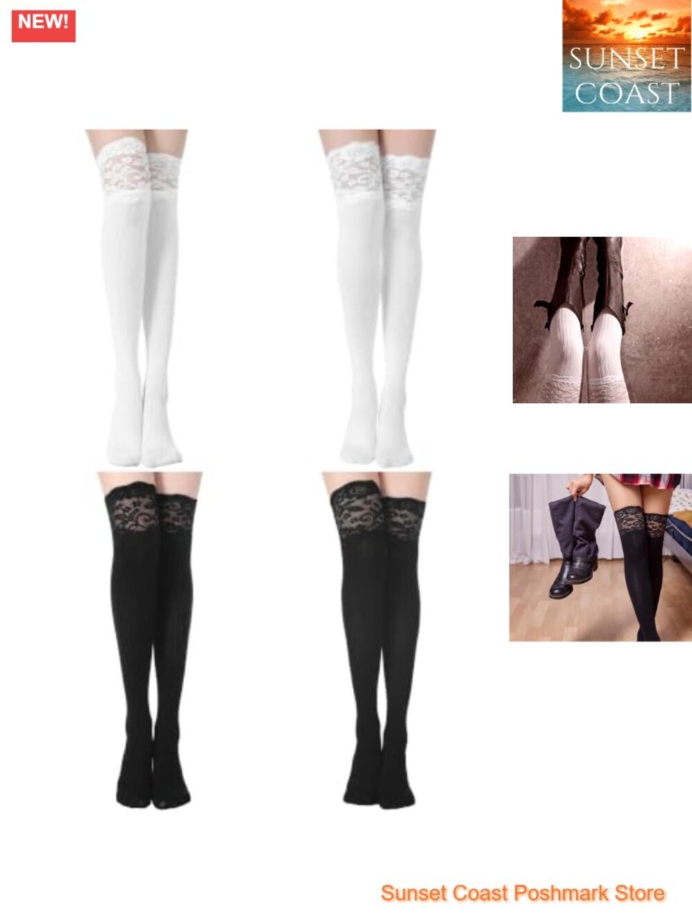 Fourluoo Lace Knee High Socks Cotton Lace 4 Pairs Lightweight